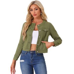 Denim Jacket Button Down Collarless Long Sleeve Jean Jacket Army Green